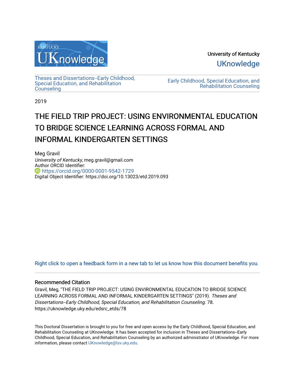 The Field Trip Project: Using Environmental Education to Bridge Science Learning Across Formal and Informal Kindergarten Settings