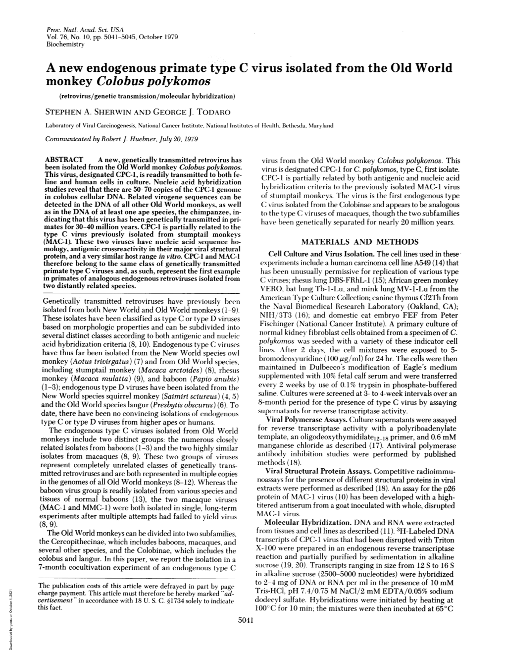 Monkey Colobus Polykomos (Retrovirus/Genetic Transmission/Molecular Hybridization) STEPHEN A