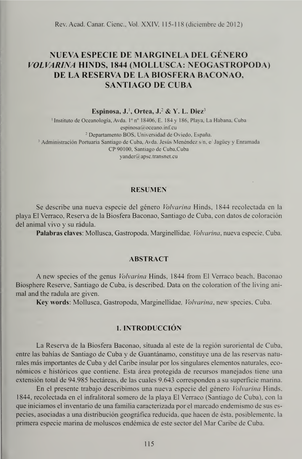 Volvarina Hinds, 1844 (Mollusca: Neogastropoda) De La Reserva De La Biosfera Baconao, Santiago De Cuba