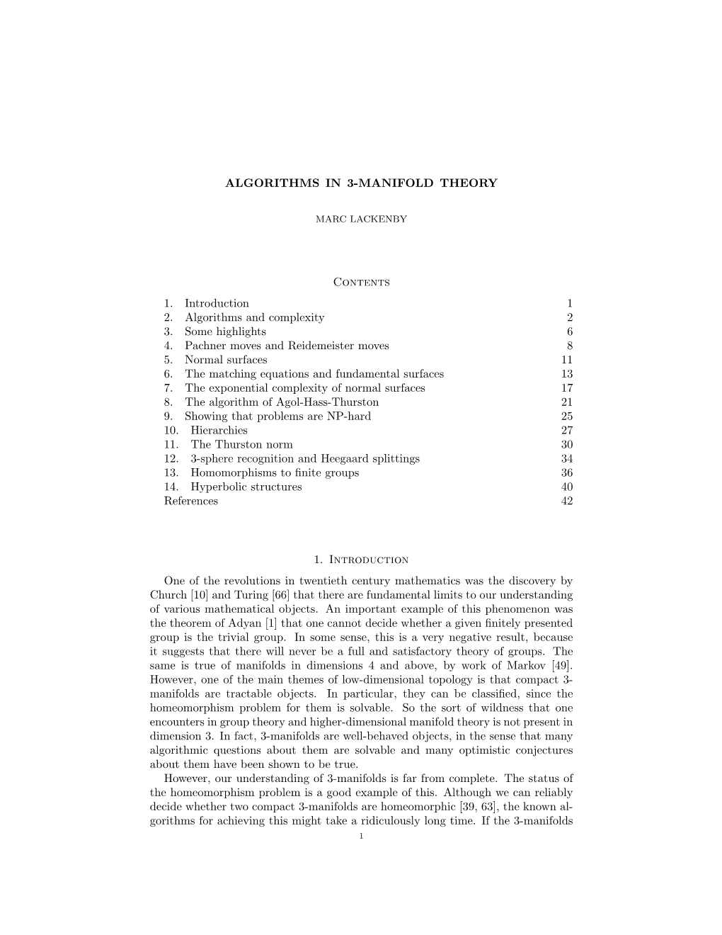 ALGORITHMS in 3-MANIFOLD THEORY Contents 1. Introduction 1