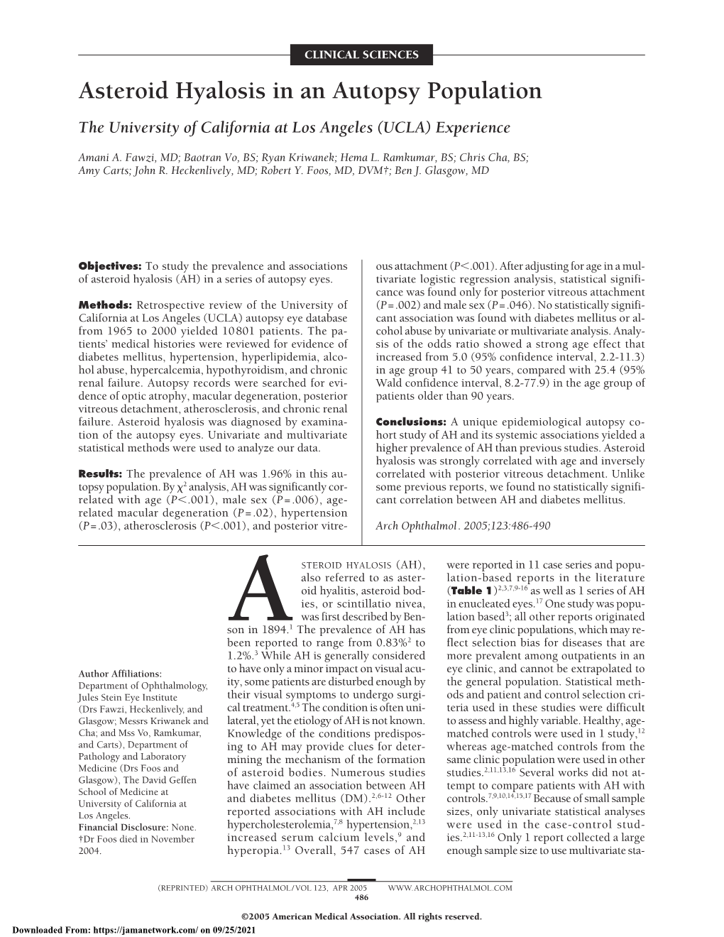 Asteroid Hyalosis in an Autopsy Population the University of California at Los Angeles (UCLA) Experience