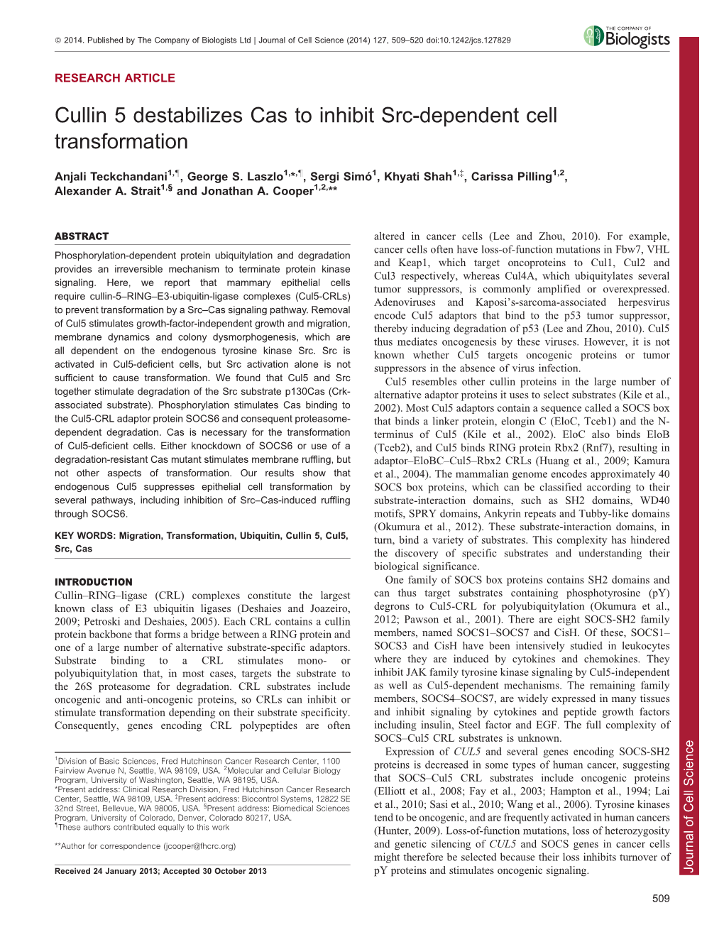 Cullin 5 Destabilizes Cas to Inhibit Src-Dependent Cell Transformation