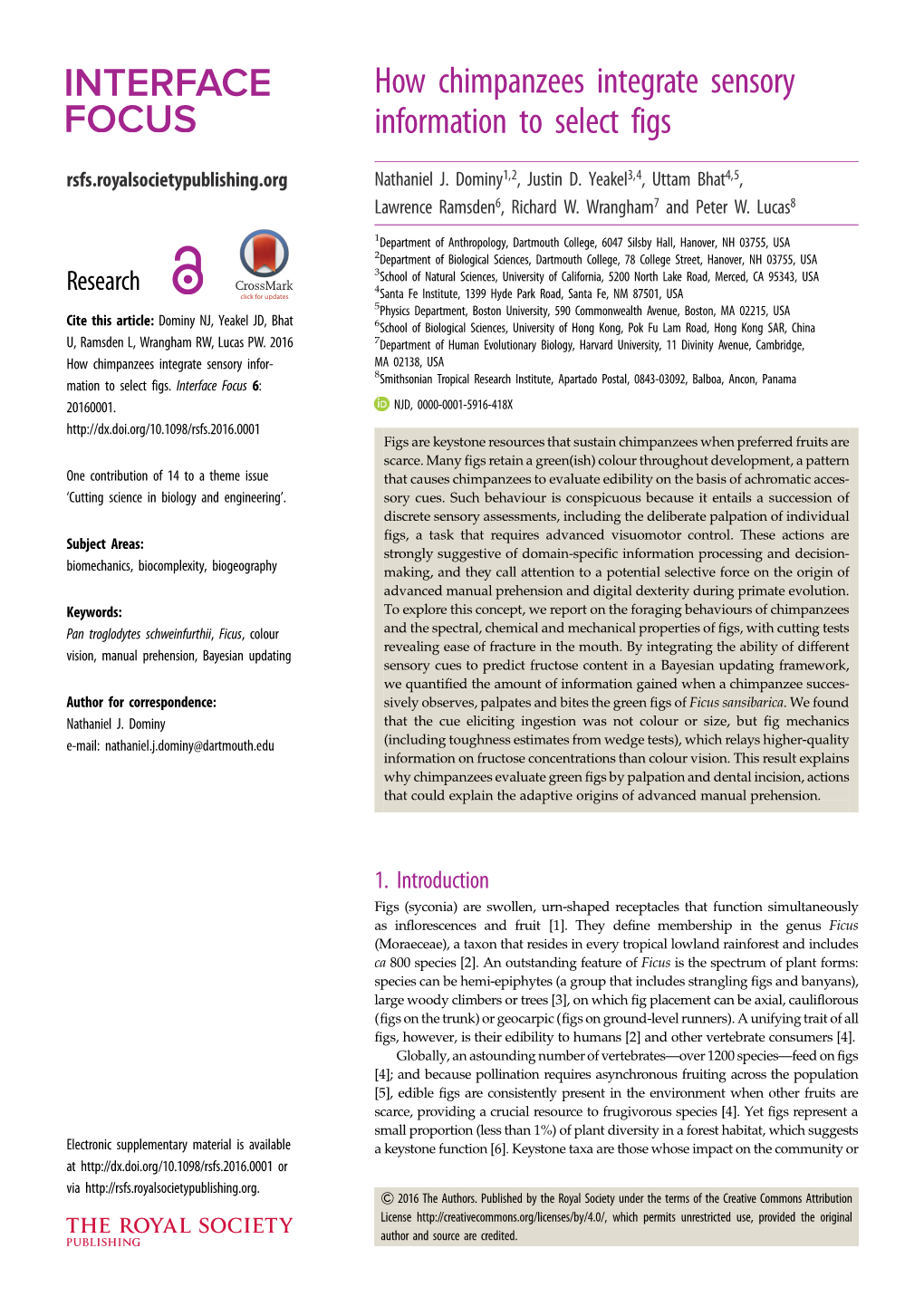 How Chimpanzees Integrate Sensory Information to Select Figs Rsfs.Royalsocietypublishing.Org Nathaniel J