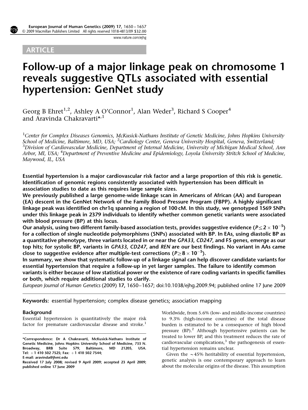 Follow-Up of a Major Linkage Peak on Chromosome 1 Reveals Suggestive Qtls Associated with Essential Hypertension: Gennet Study