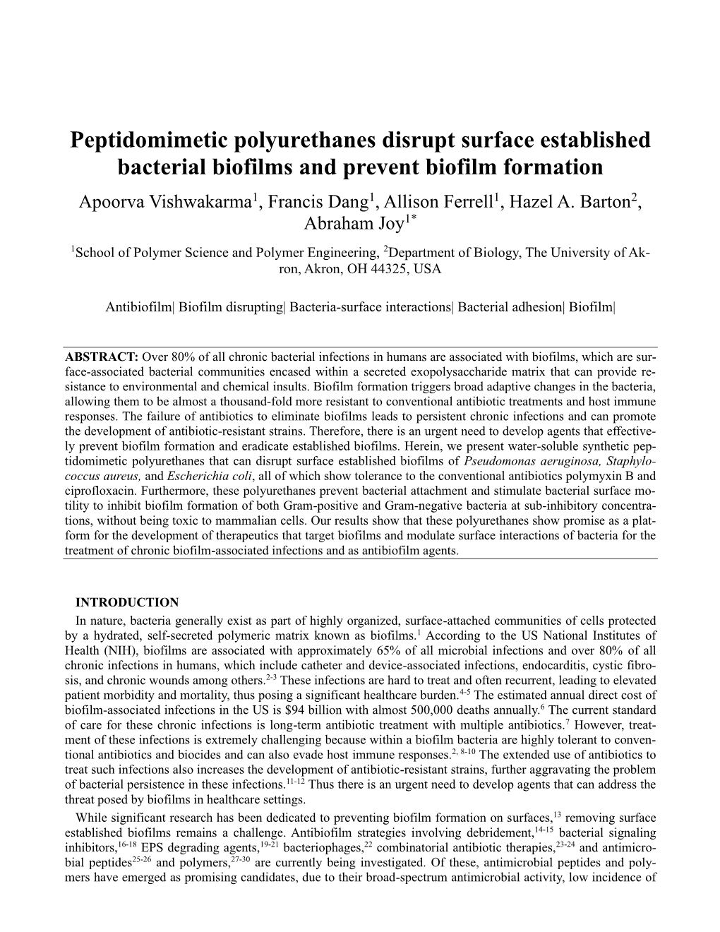 Peptidomimetic Polyurethanes Disrupt Surface Established Bacterial Biofilms and Prevent Biofilm Formation