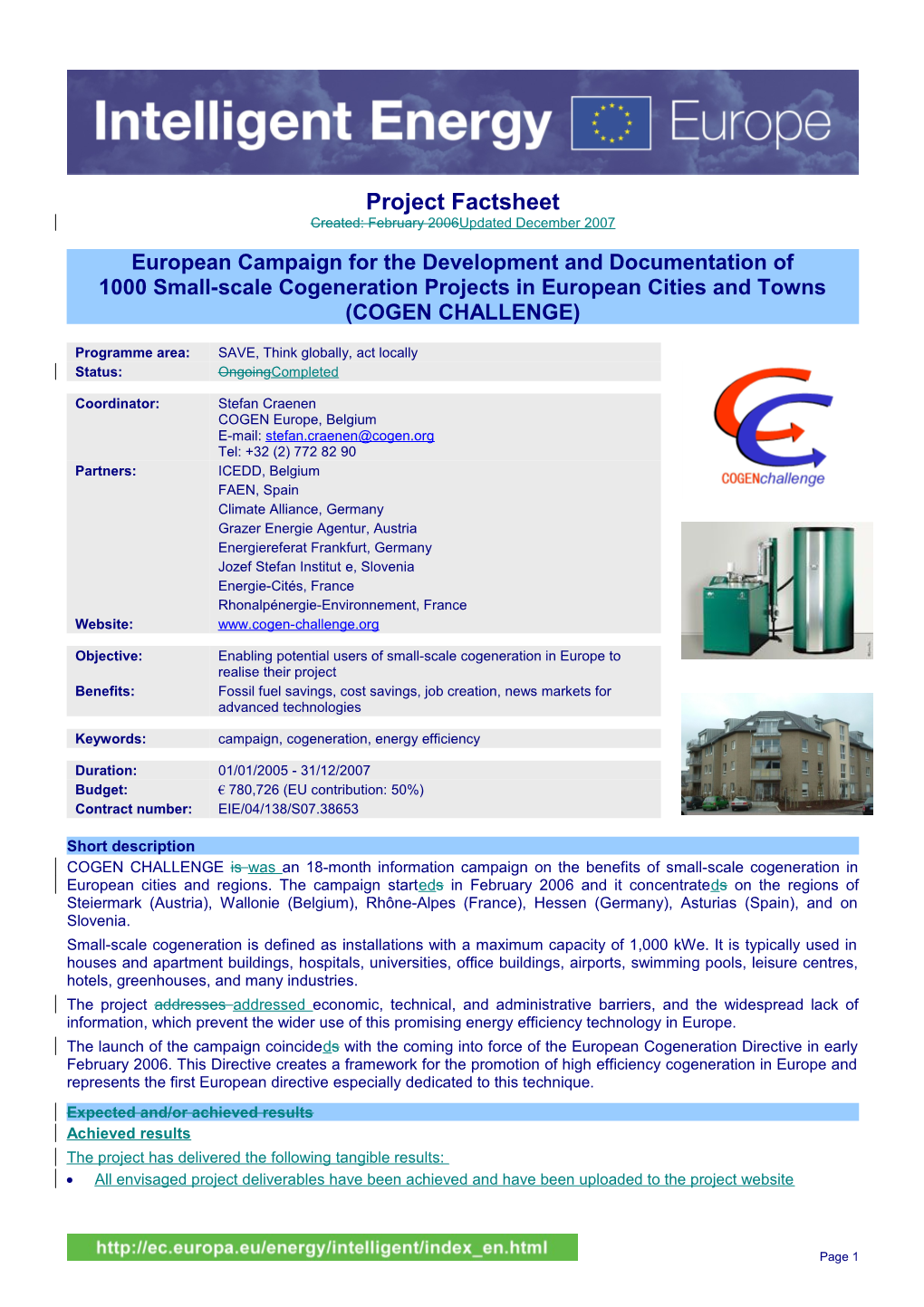 European Campaign for the Development and Documentation of 1000 Small-Scale Cogeneration