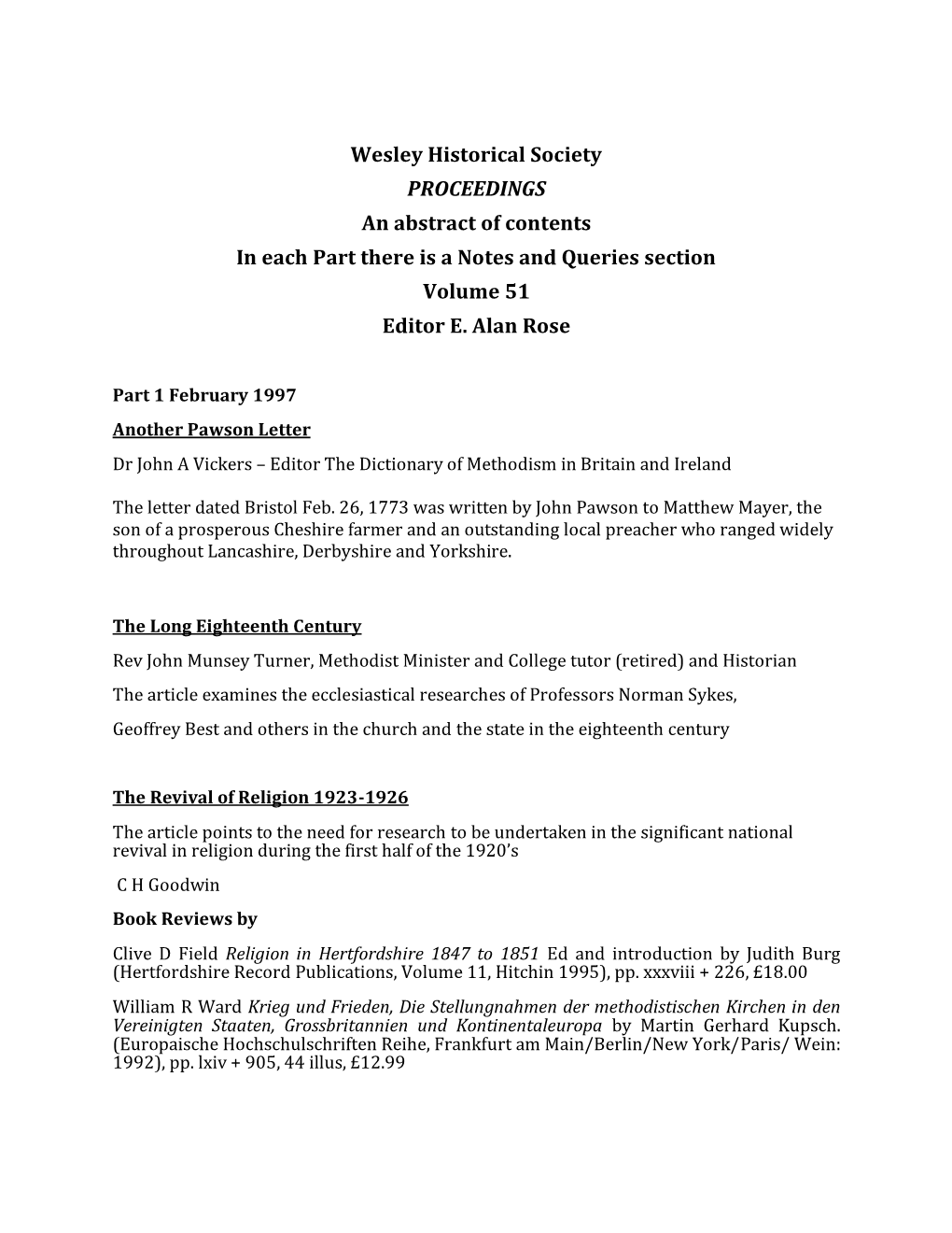 Wesley Historical Society PROCEEDINGS an Abstract of Contents in Each Part There Is a Notes and Queries Section Volume 51 Editor E