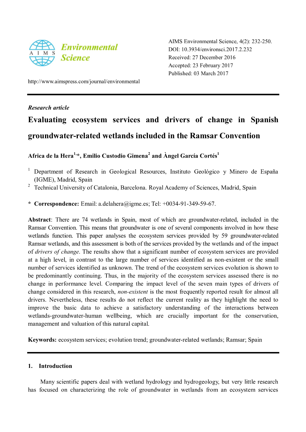 Evaluating Ecosystem Services and Drivers of Change in Spanish Groundwater-Related Wetlands Included in the Ramsar Convention