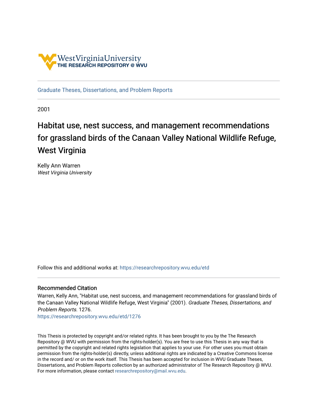Habitat Use, Nest Success, and Management Recommendations for Grassland Birds of the Canaan Valley National Wildlife Refuge, West Virginia
