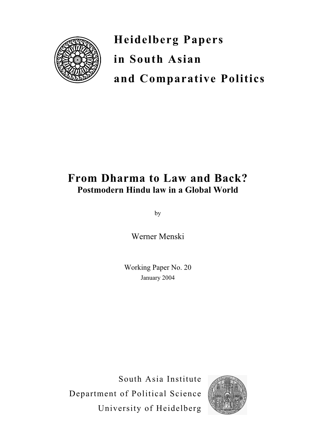 Heidelberg Papers in South Asian and Comparative Politics from Dharma