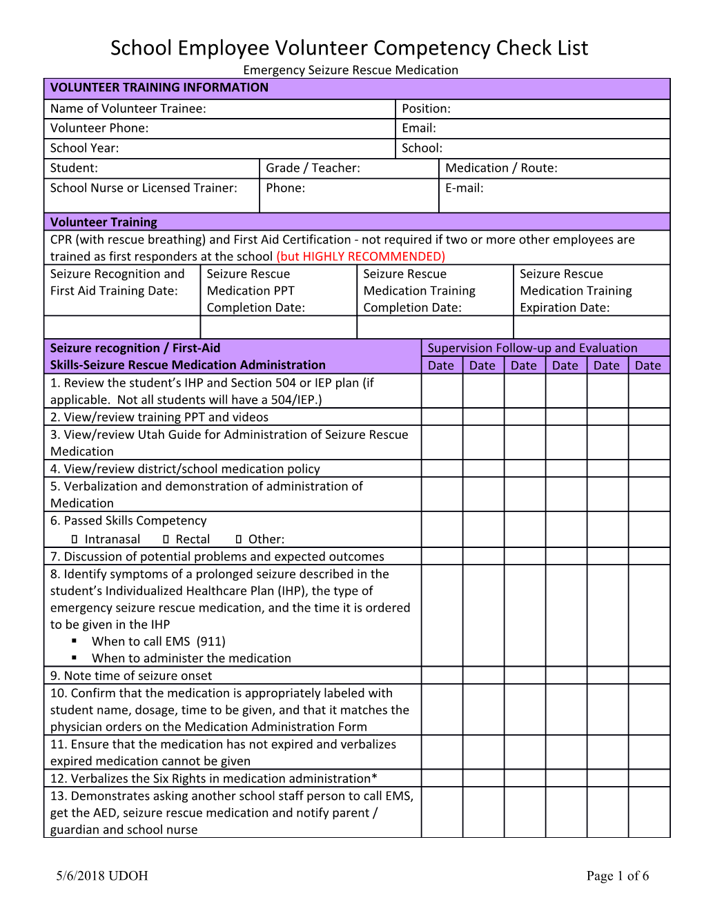 School Employee Volunteer Competency Check List