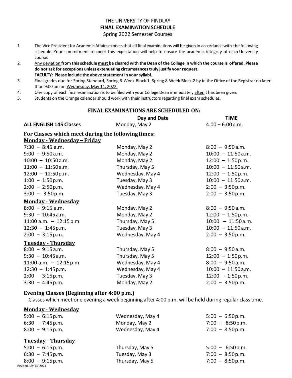 Exam Schedule Spring 2022