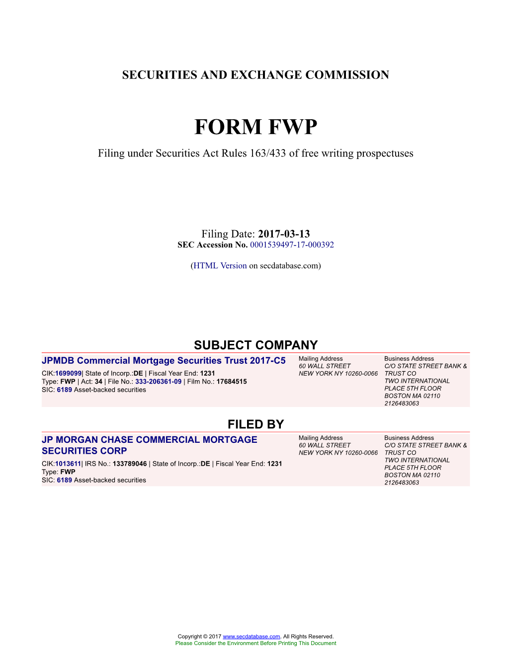 JPMDB Commercial Mortgage Securities Trust 2017-C5 Form FWP