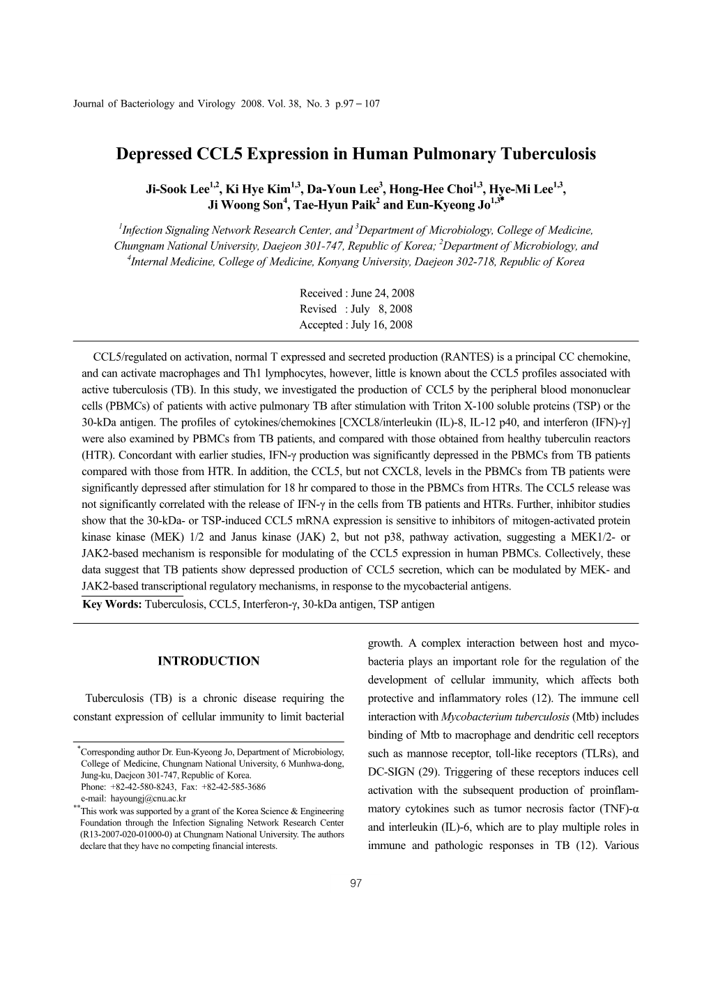 Depressed CCL5 Expression in Human Pulmonary Tuberculosis