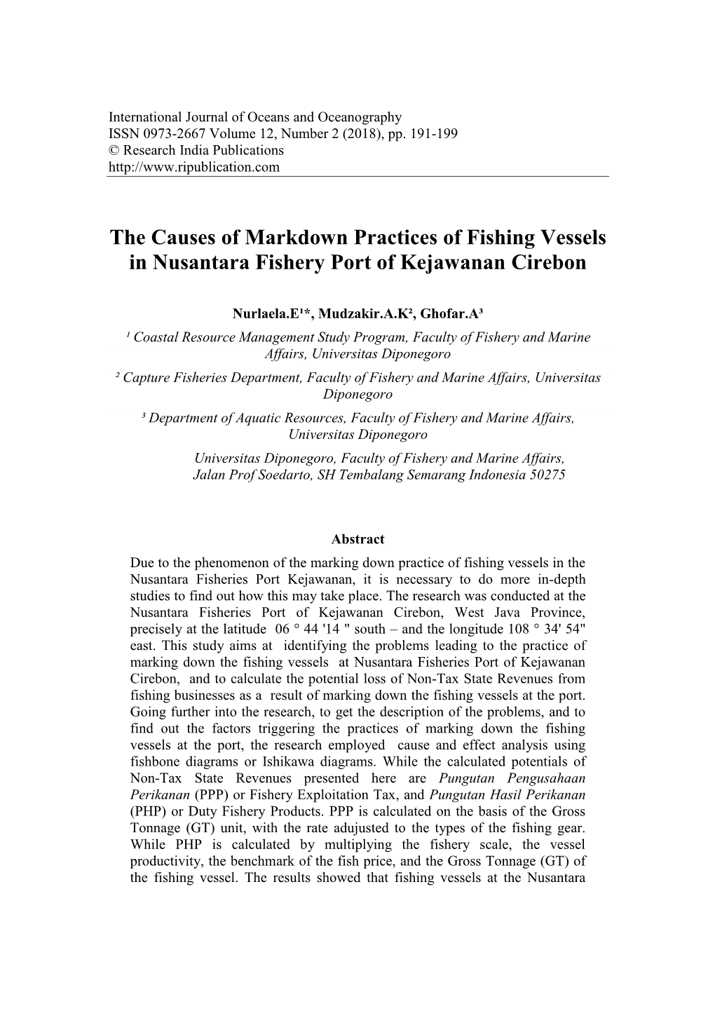 The Causes of Markdown Practices of Fishing Vessels in Nusantara Fishery Port of Kejawanan Cirebon