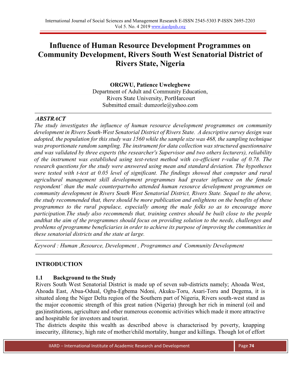 Influence of Human Resource Development Programmes on Community Development, Rivers South West Senatorial District of Rivers State, Nigeria