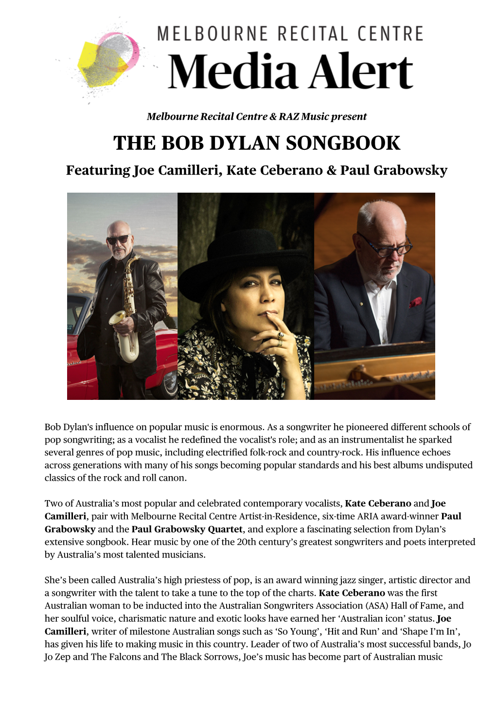 THE BOB DYLAN SONGBOOK Featuring Joe Camilleri, Kate Ceberano & Paul Grabowsky