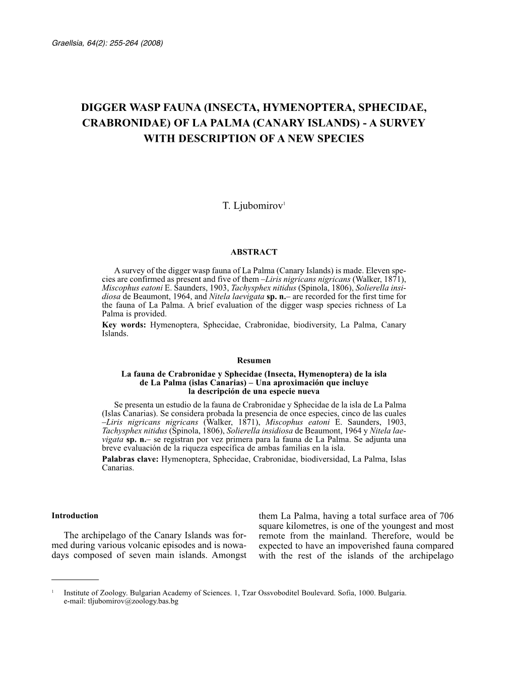 Digger Wasp Fauna (Insecta, Hymenoptera, Sphecidae, Crabronidae) of La Palma (Canary Islands) - a Survey with Description of a New Species