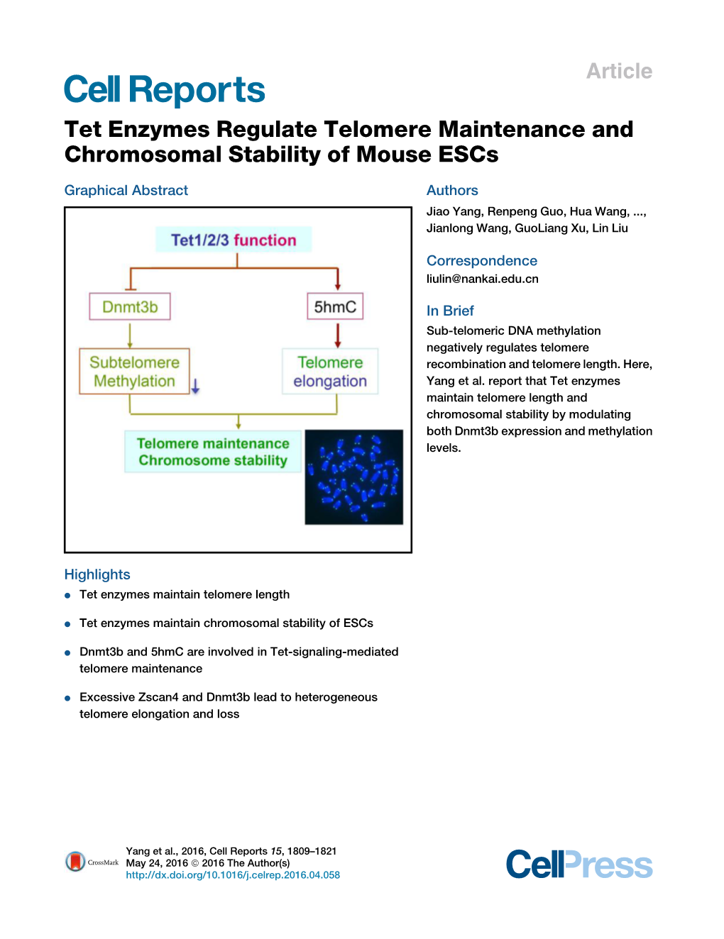 Tet Enzymes Regulate Telomere Maintenance and Chromosomal Stability of Mouse Escs