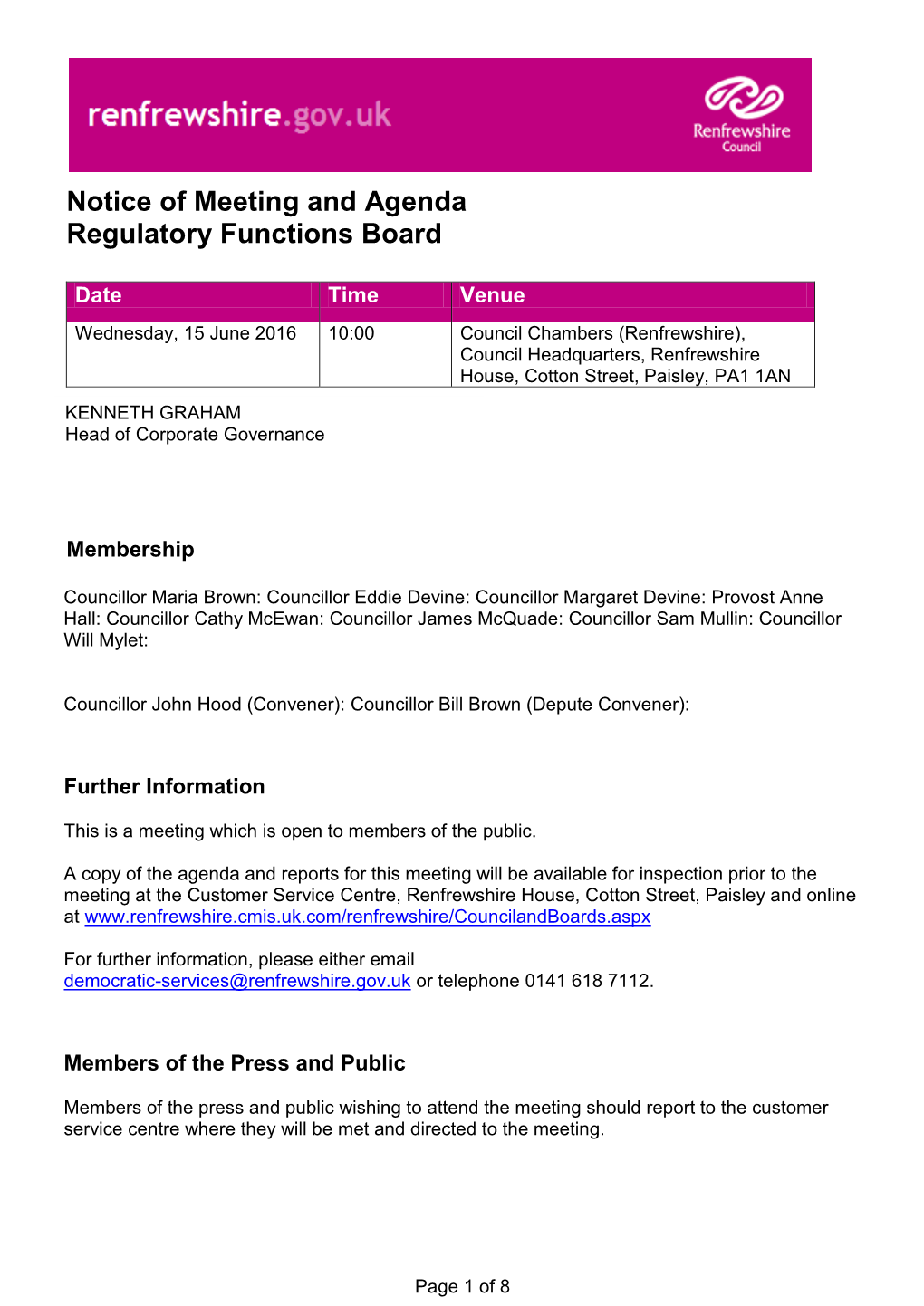 Notice of Meeting and Agenda Regulatory Functions Board
