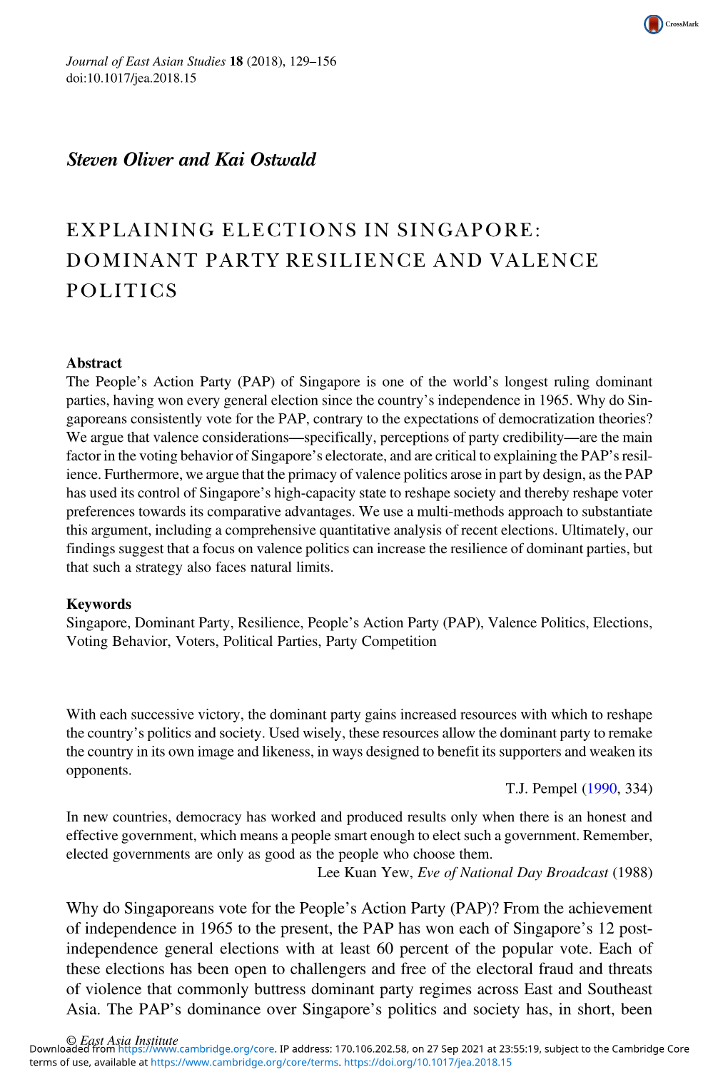 Explaining Elections in Singapore: Dominant Party Resilience and Valence Politics