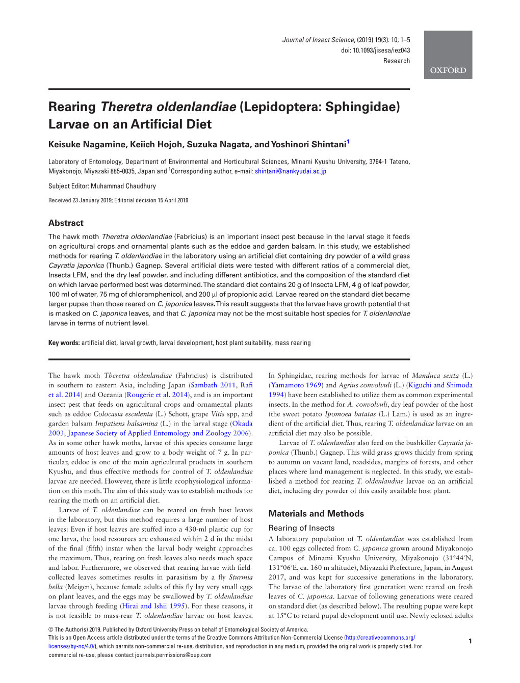 Rearing Theretra Oldenlandiae (Lepidoptera: Sphingidae) Larvae on an Artificial Diet