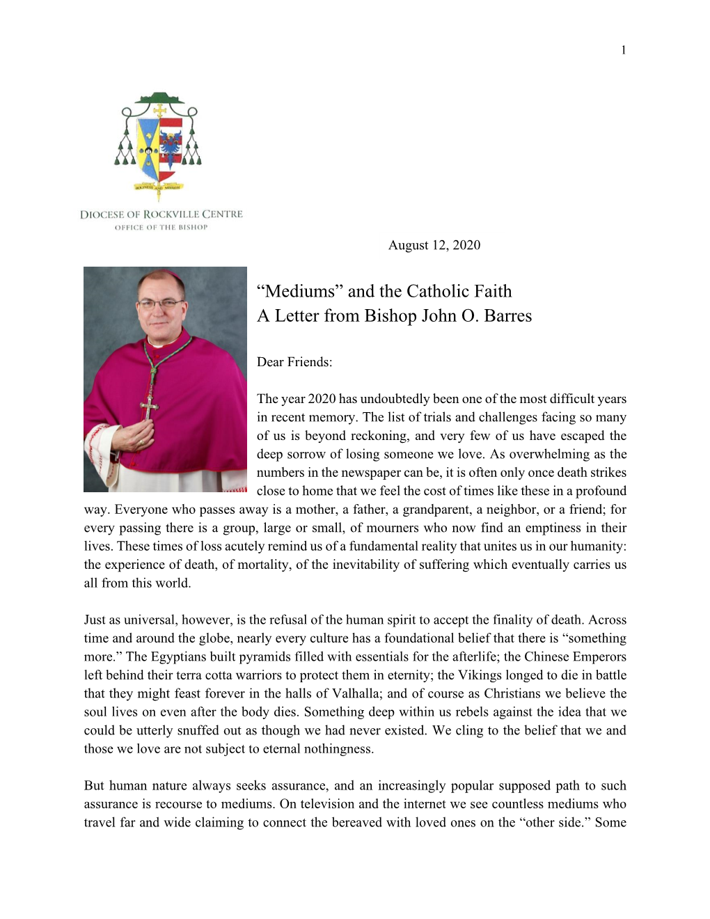 “Mediums” and the Catholic Faith a Letter from Bishop John O. Barres