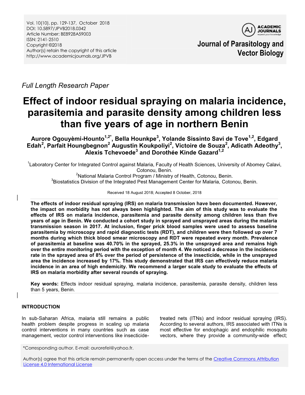 Effect of Indoor Residual Spraying on Malaria Incidence, Parasitemia and Parasite Density Among Children Less Than Five Years of Age in Northern Benin