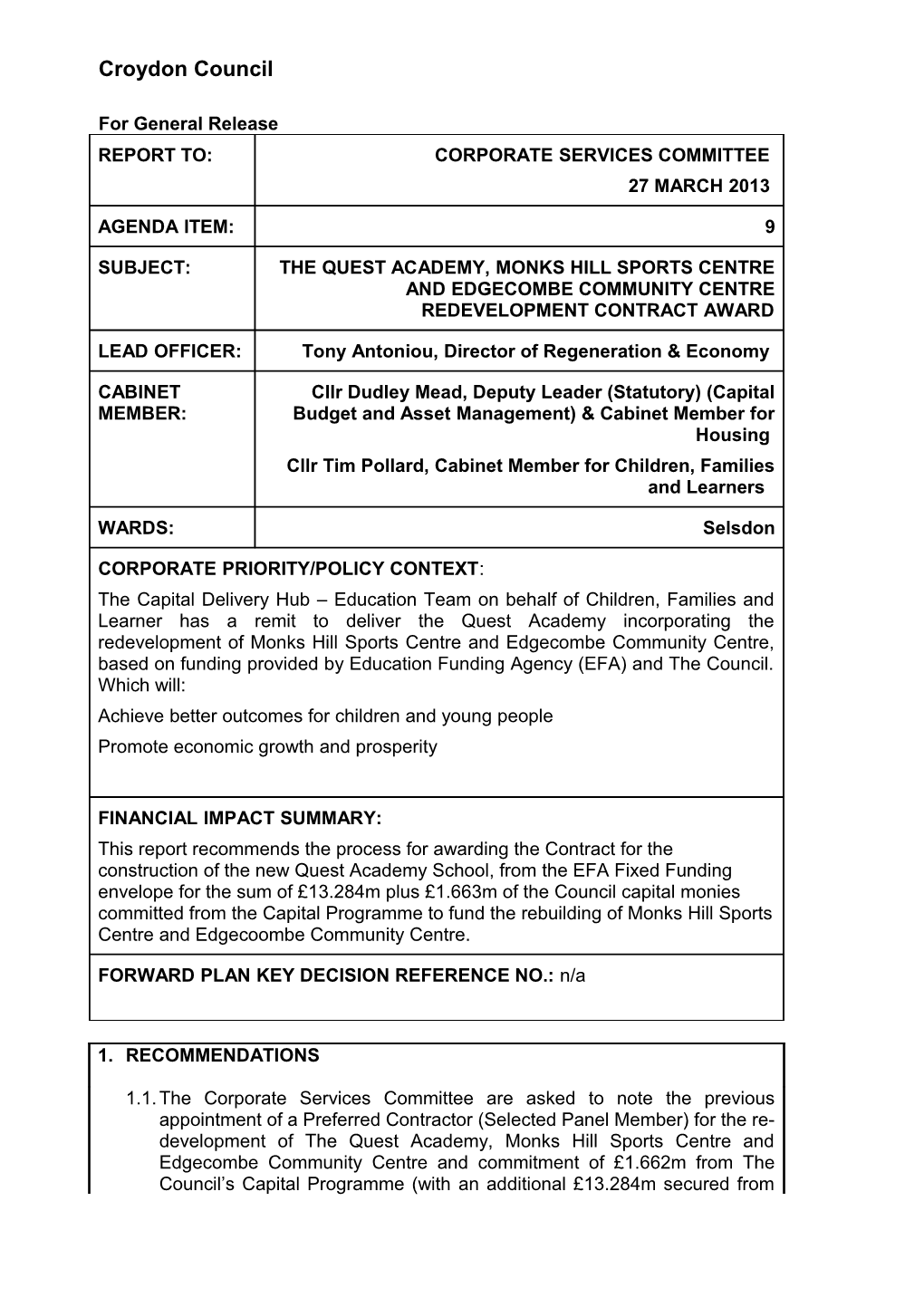 Contracts & Commissioning Board