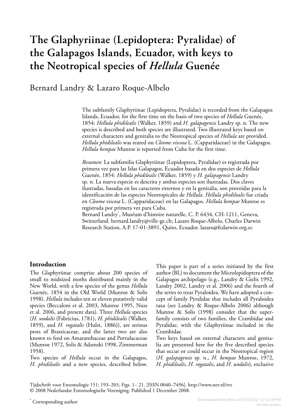 The Glaphyriinae (Lepidoptera: Pyralidae) of the Galapagos Islands, Ecuador, with Keys to the Neotropical Species of Hellula Guenée