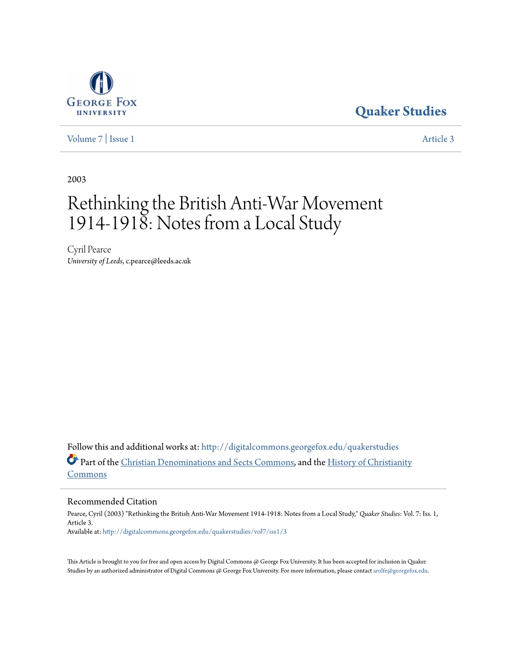 Rethinking the British Anti-War Movement 1914-1918: Notes from a Local Study Cyril Pearce University of Leeds, C.Pearce@Leeds.Ac.Uk