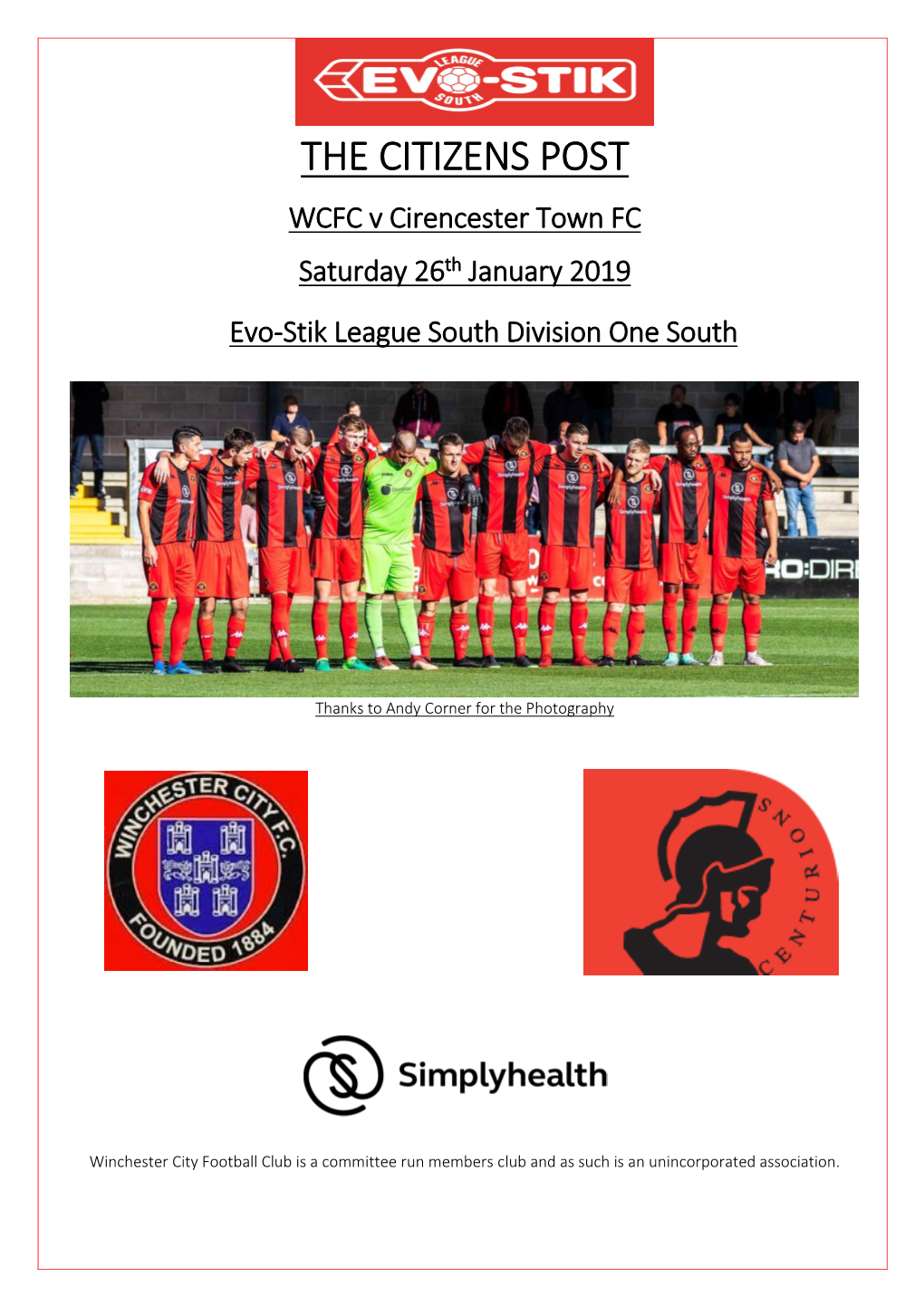 THE CITIZENS POST WCFC V Cirencester Town FC Saturday 26Th January 2019 Evo-Stik League South Division One South