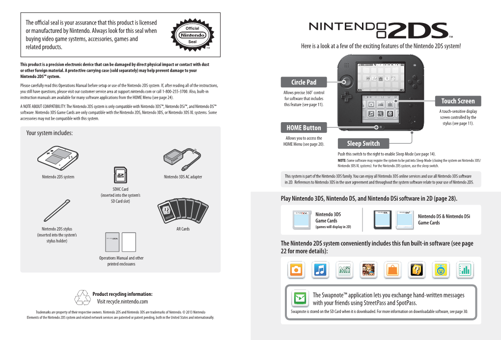 Manual Before Setup Or Use of the Nintendo 2DS System