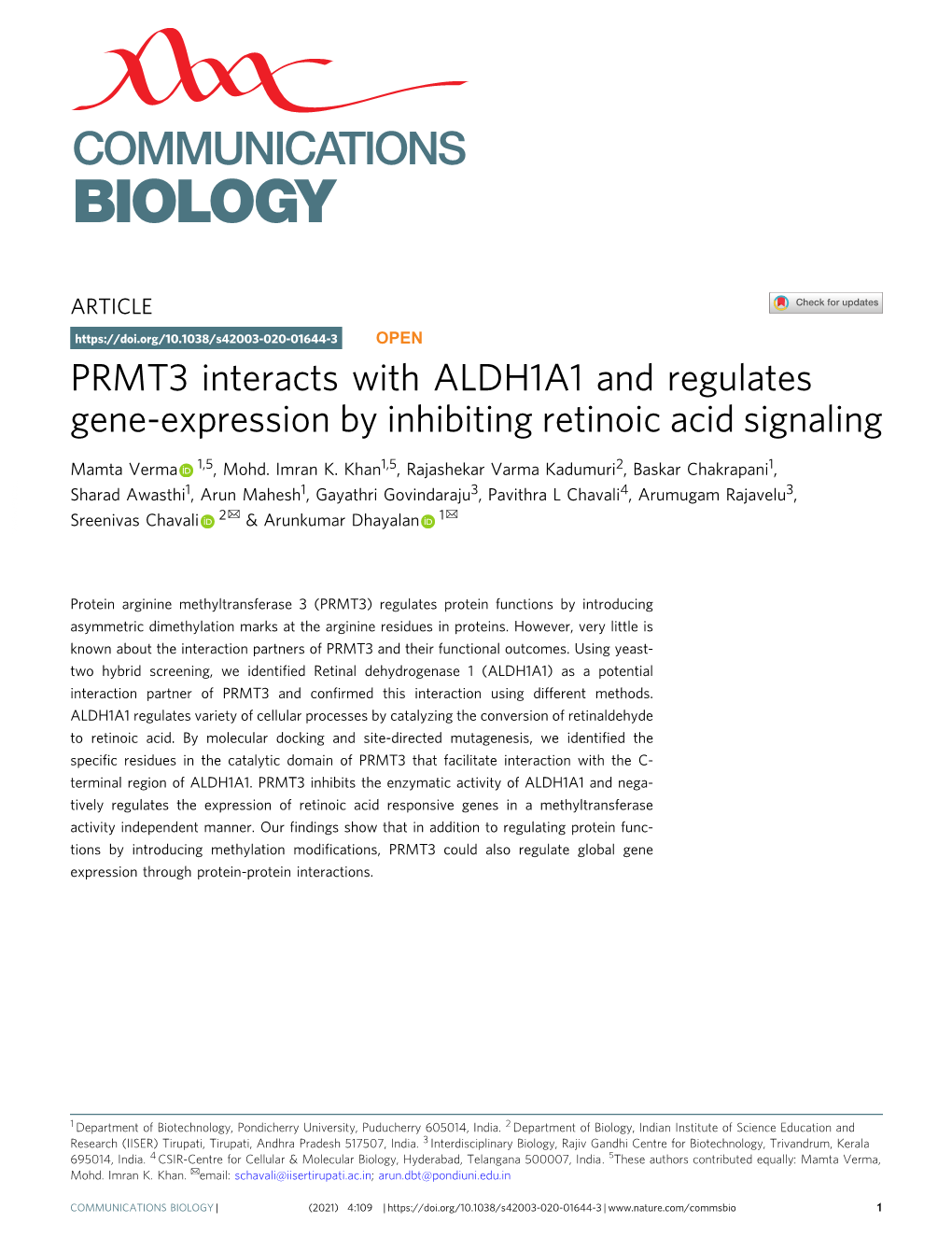 PRMT3 Interacts with ALDH1A1 and Regulates Gene-Expression by Inhibiting Retinoic Acid Signaling