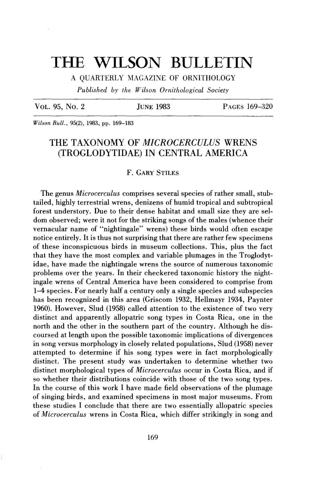 The Taxonomy of Microcerculus Wrens (Troglodytidae) in Central America