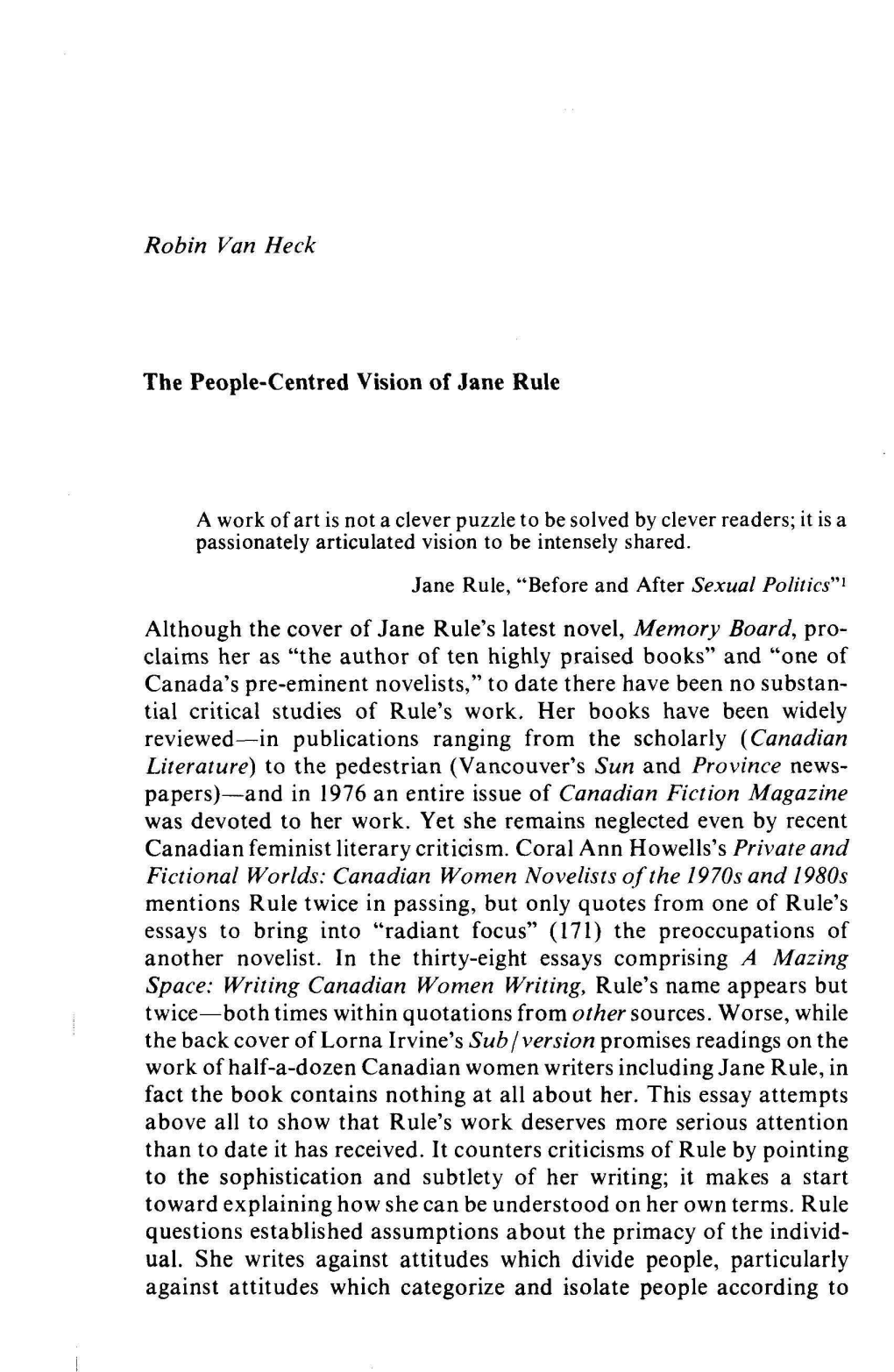 Robin Van Heck the People-Centred Vision of Jane Rule