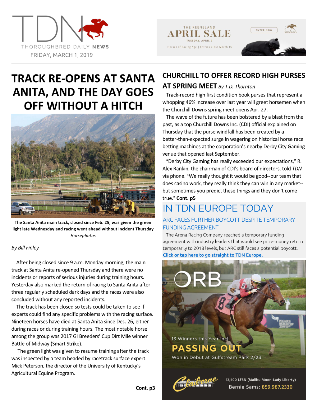 Track Re-Opens at Santa Anita, and the Day Goes Off