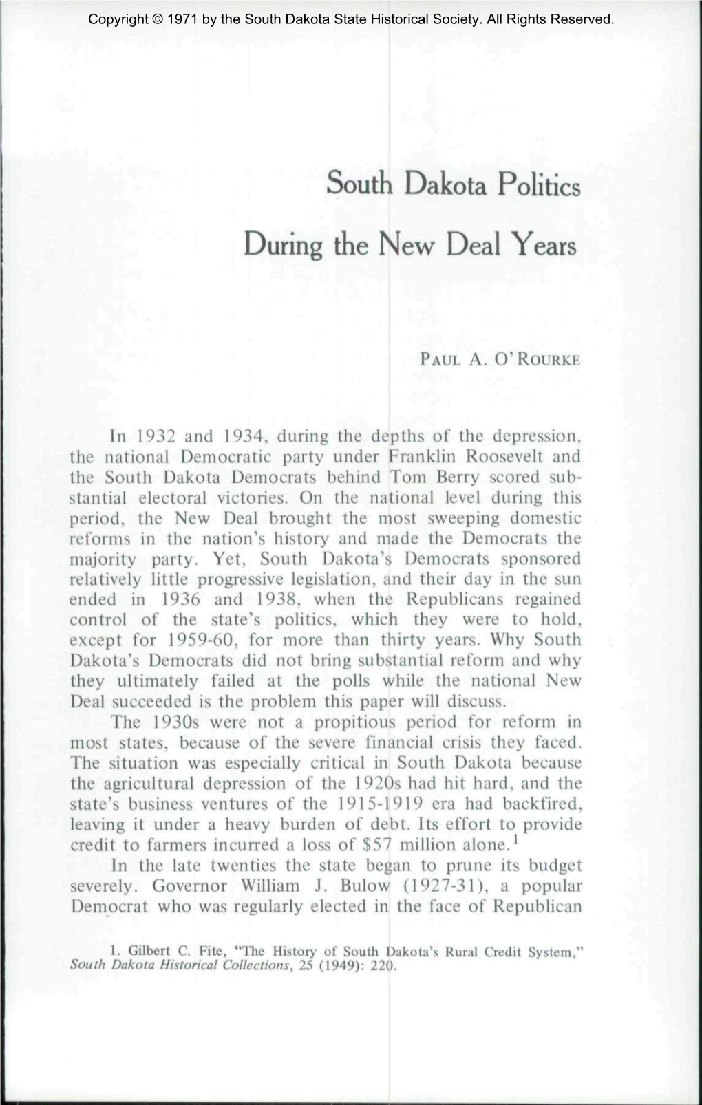 South Dakota Politics During the New Deal Years