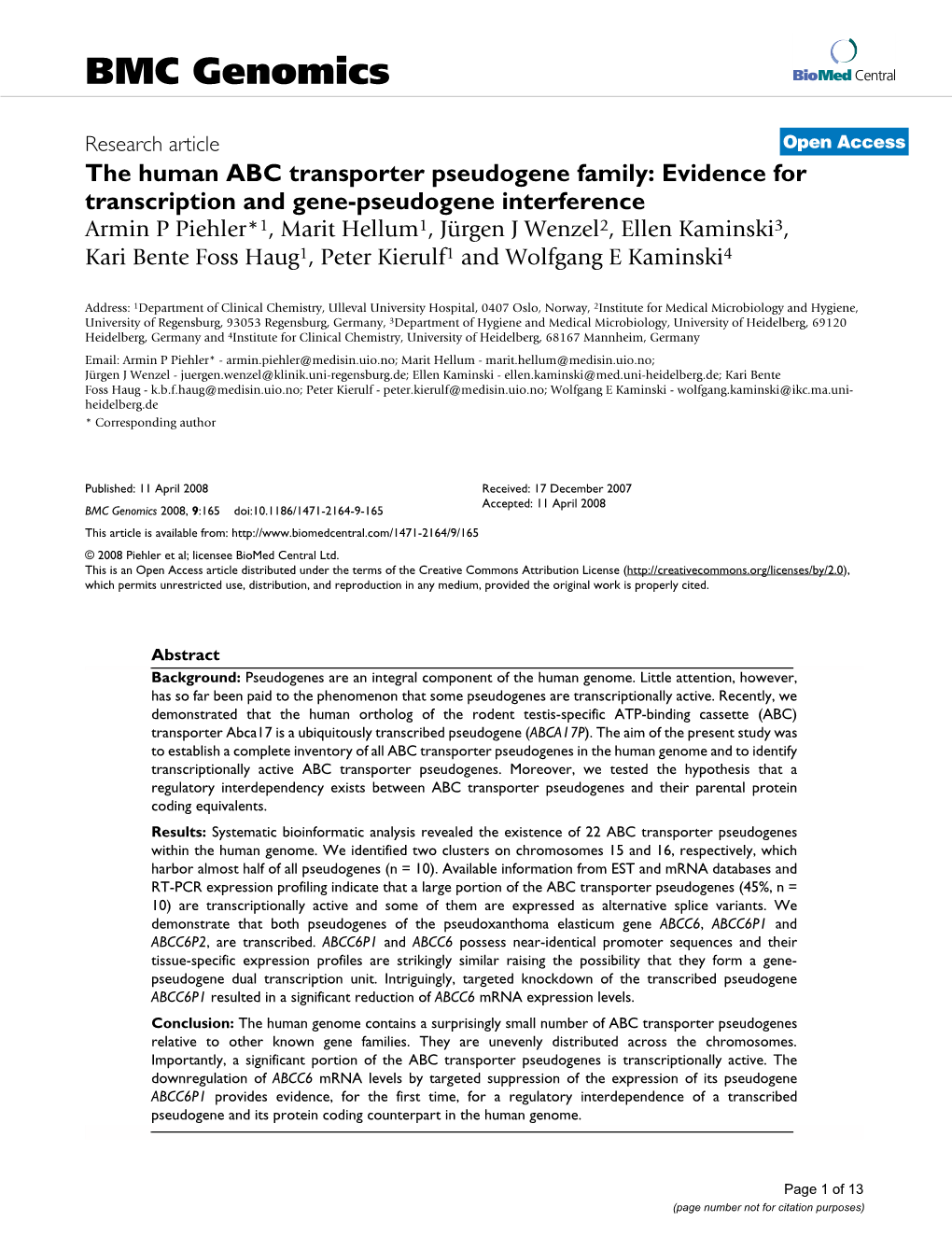 The Human ABC Transporter Pseudogene Family: Evidence for Transcription and Gene-Pseudogene Interference