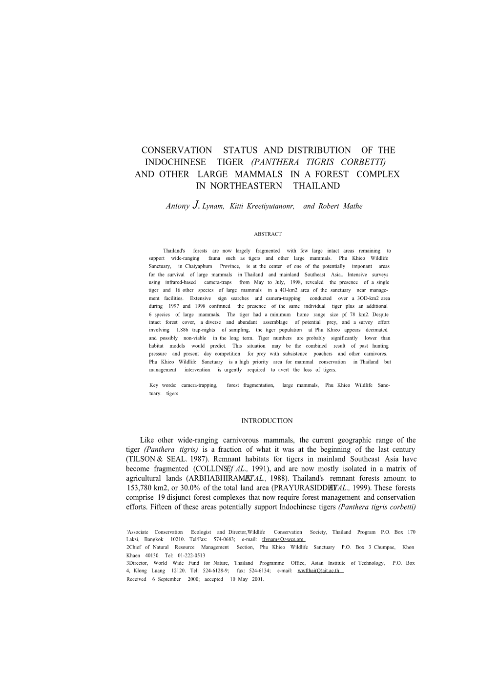 Panthera Tigris Corbetti) and Other Large Mammals in a Forest Complex in Northeastern Thailand