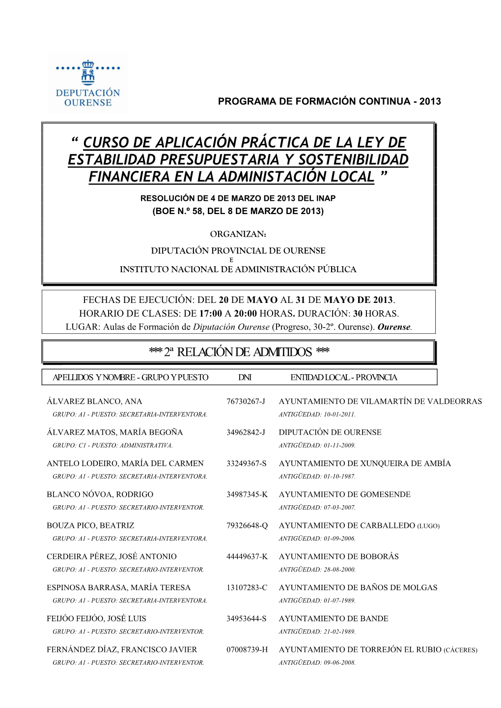 Curso De Aplicación Práctica De La Ley De Estabilidad Presupuestaria Y Sostenibilidad Financiera En La Administación Local ”