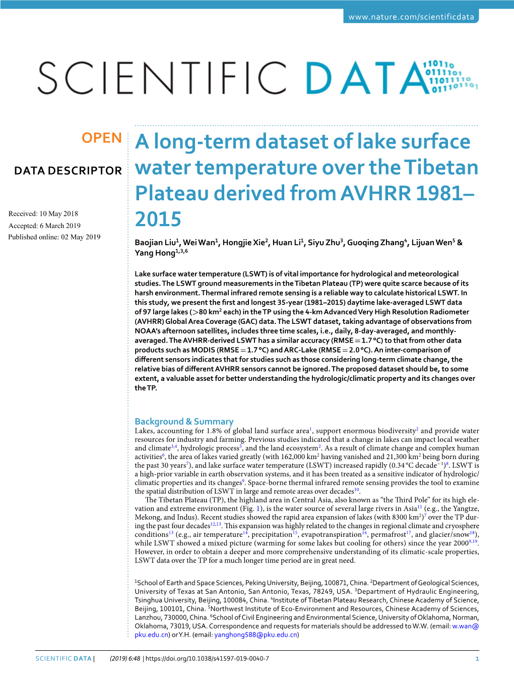 A Long-Term Dataset of Lake Surface Water Temperature Over the Tibetan Plateau Derived from AVHRR 1981–2015