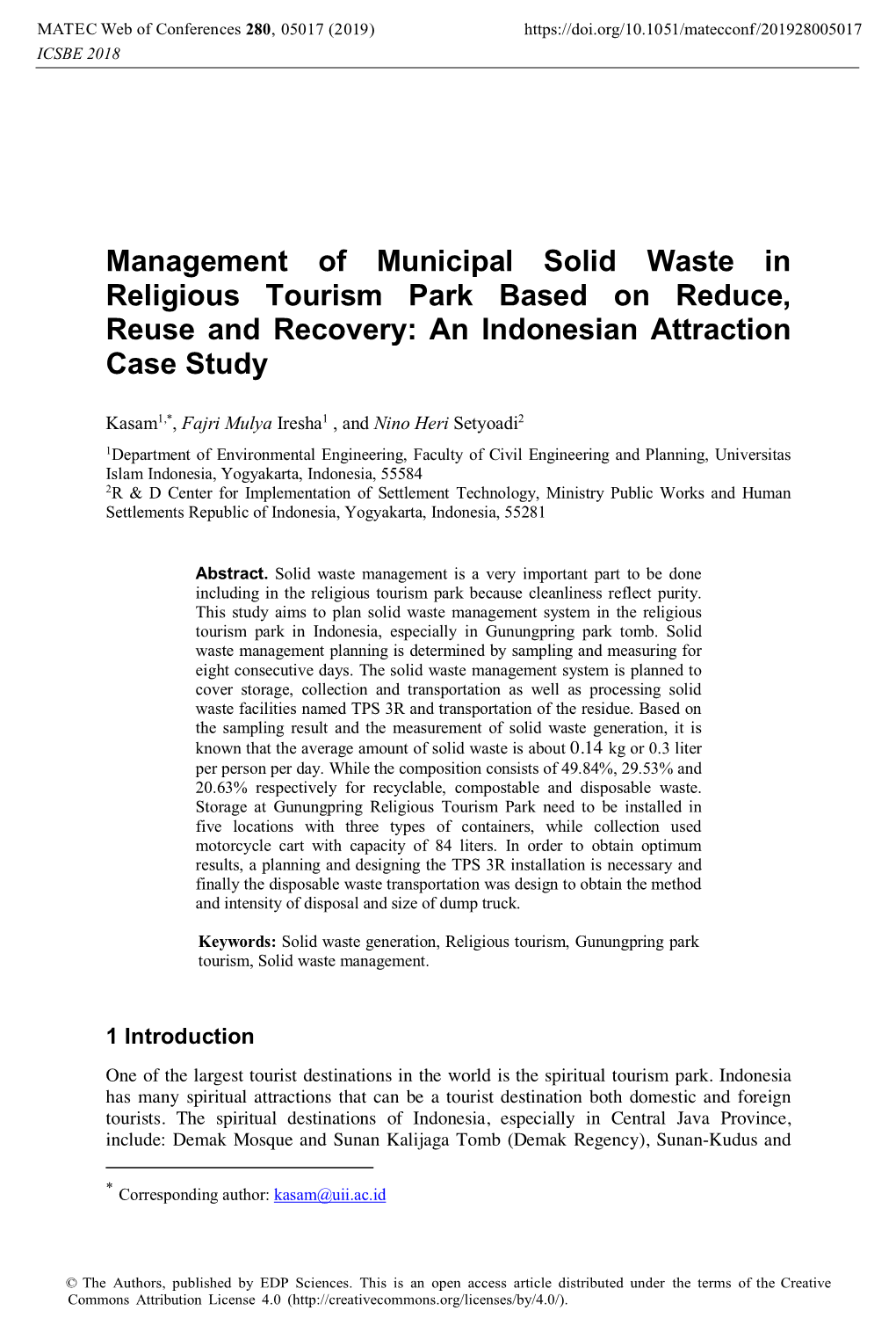 Management of Municipal Solid Waste in Religious Tourism Park Based on Reduce, Reuse and Recovery: an Indonesian Attraction Case Study