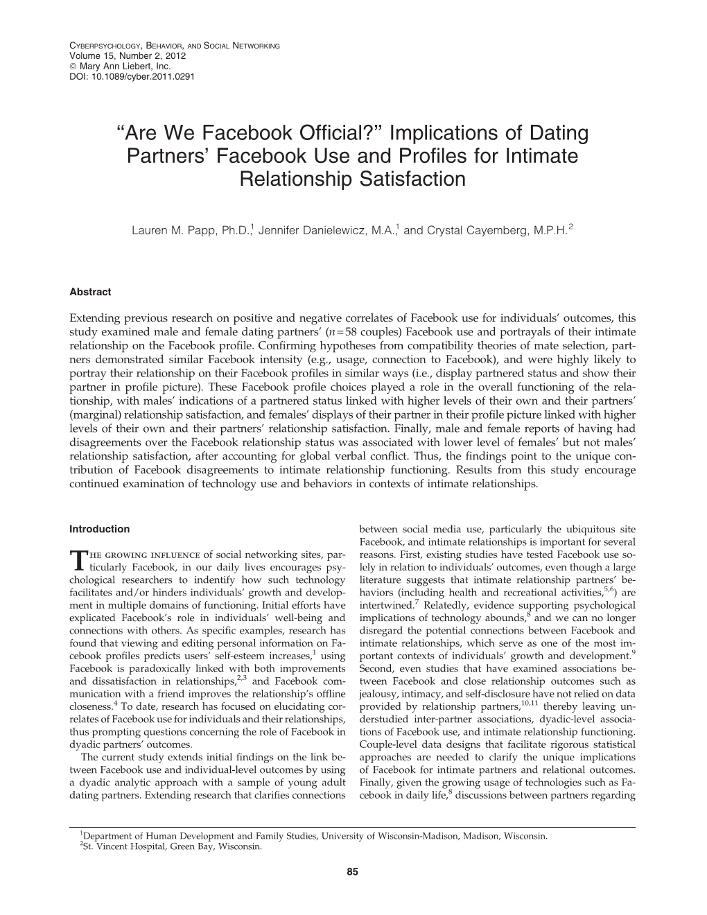 ''Are We Facebook Official?'' Implications of Dating Partners' Facebook Use and Profiles for Intimate Relationship