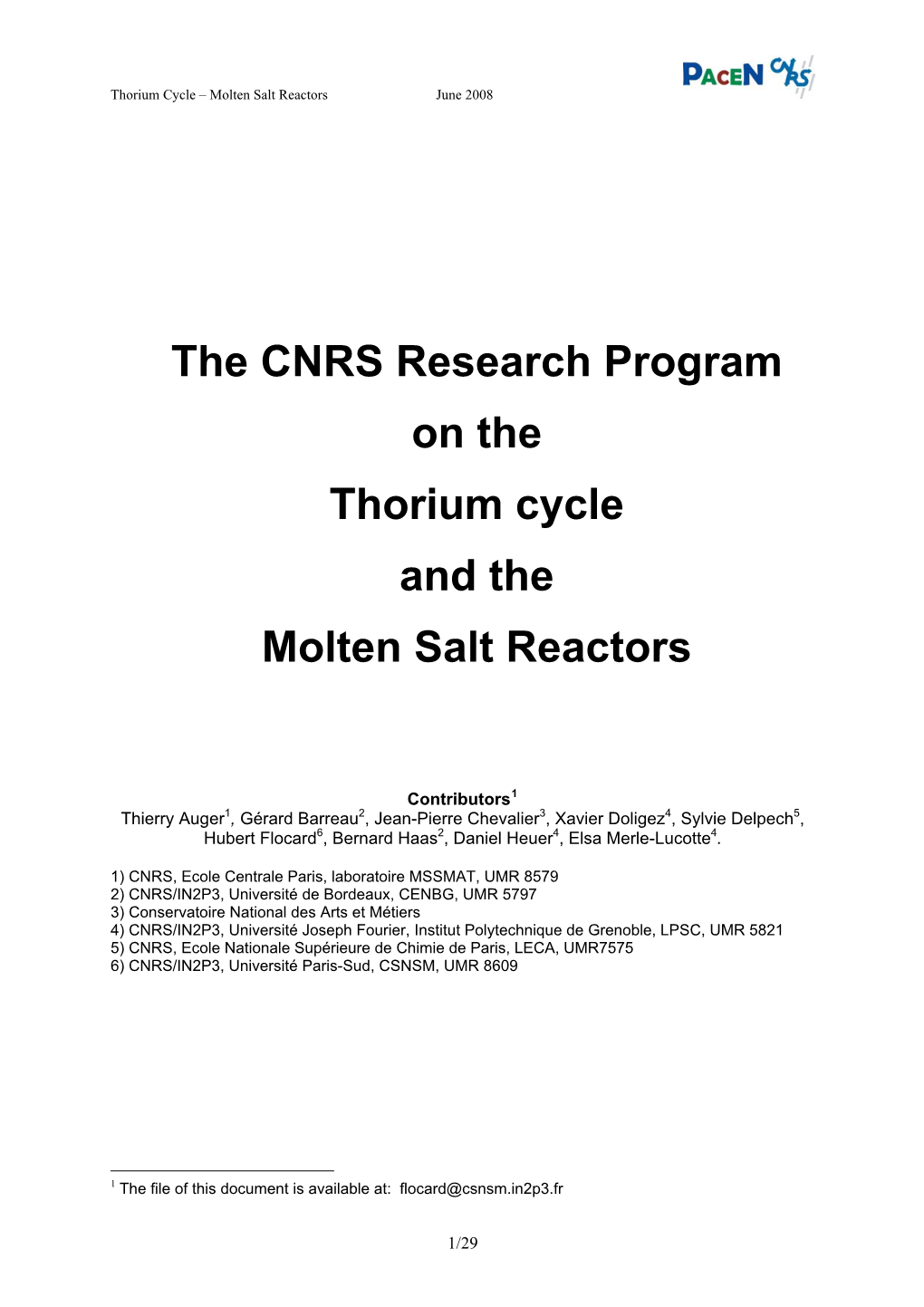 The CNRS Research Program on the Thorium Cycle and the Molten Salt