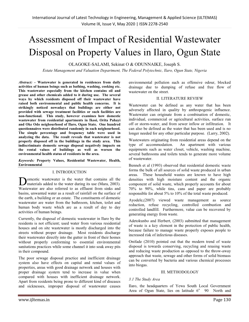 Assessment of Impact of Residential Wastewater Disposal on Property Values in Ilaro, Ogun State