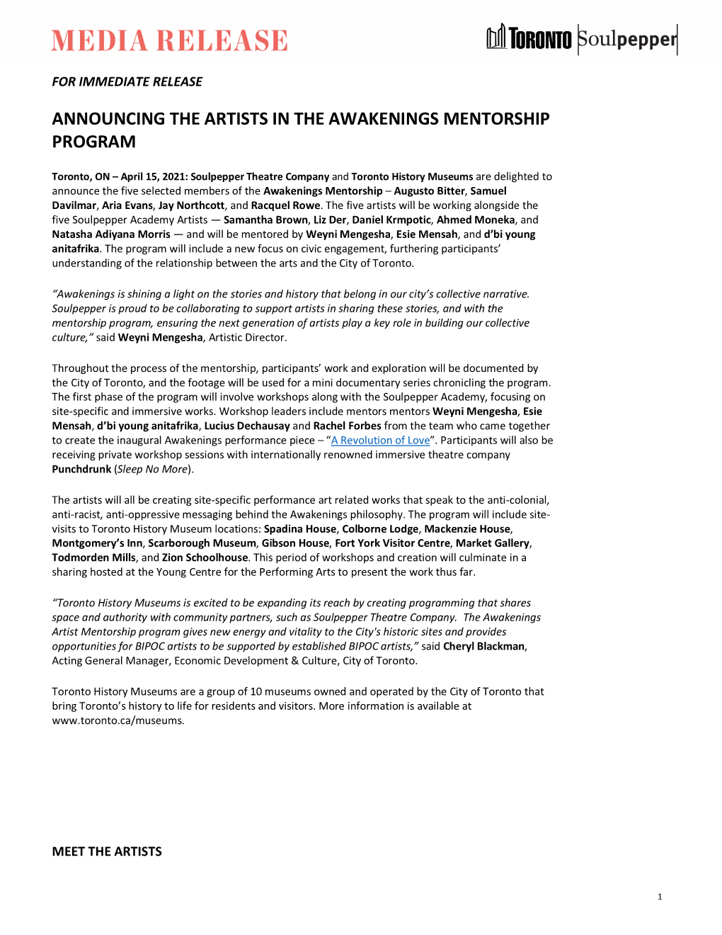 Announcing the Artists in the Awakenings Mentorship Program