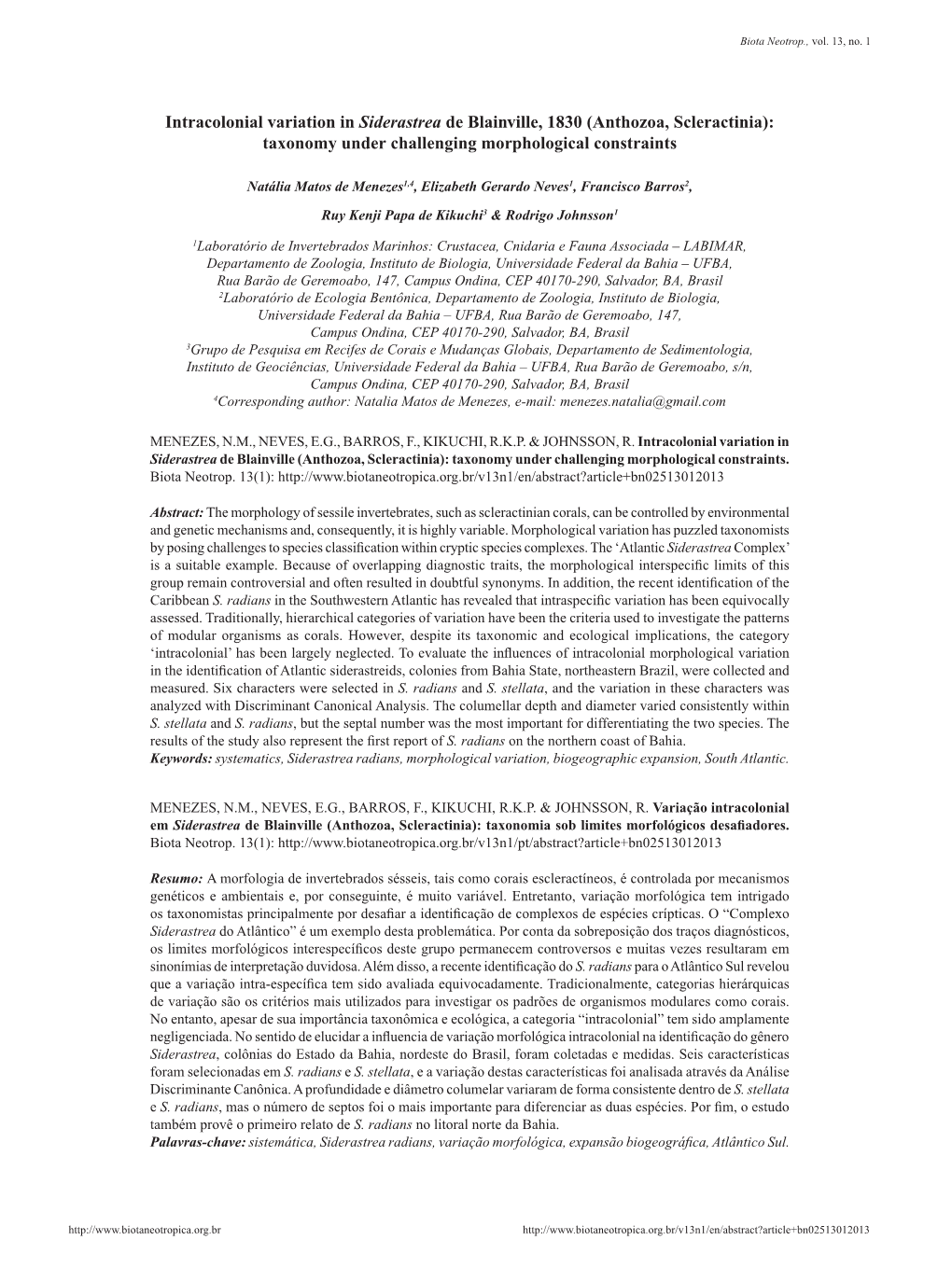 Intracolonial Variation in Siderastrea De Blainville, 1830 (Anthozoa, Scleractinia): Taxonomy Under Challenging Morphological Constraints