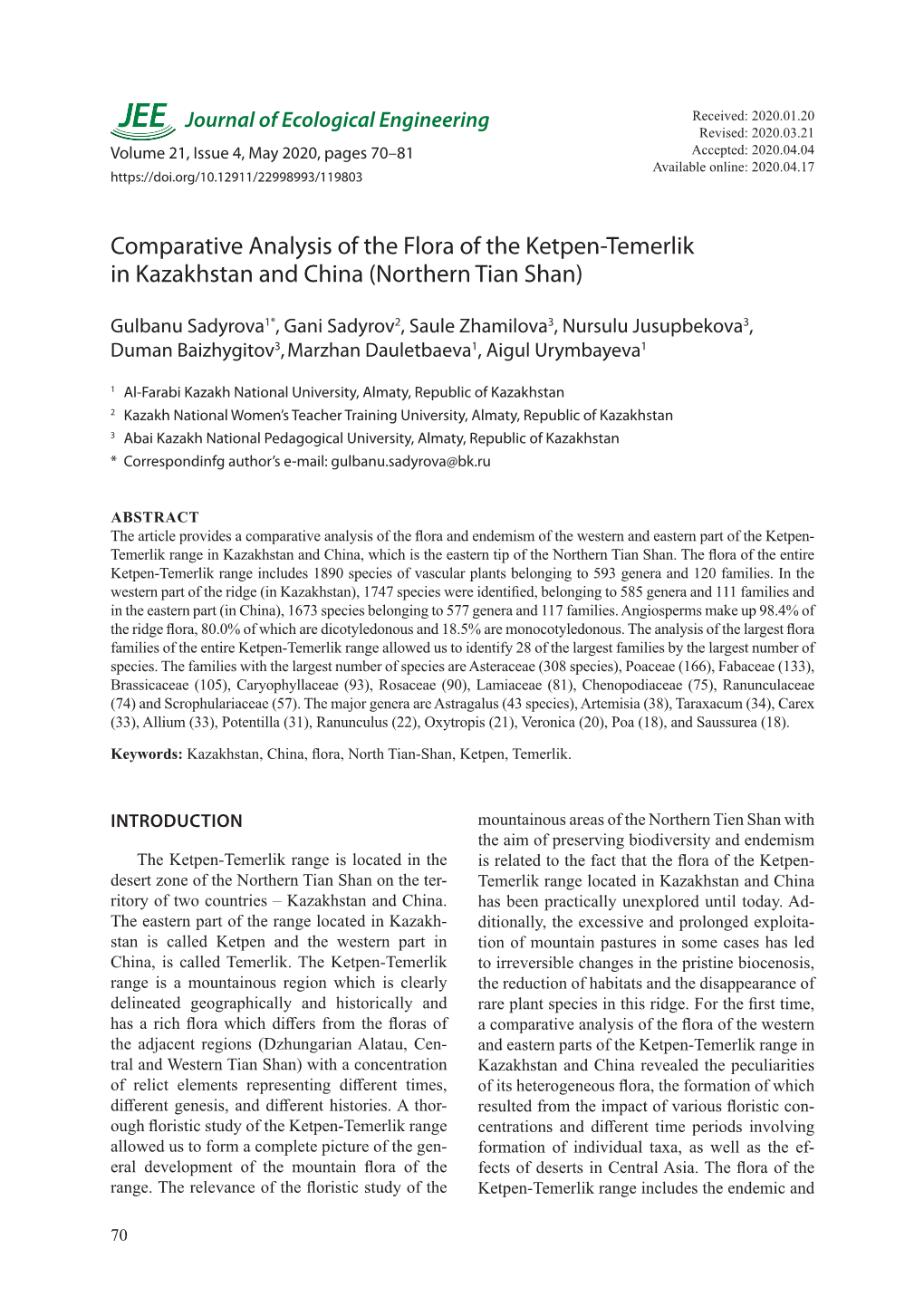 Comparative Analysis of the Flora of the Ketpen-Temerlik in Kazakhstan and China (Northern Tian Shan)
