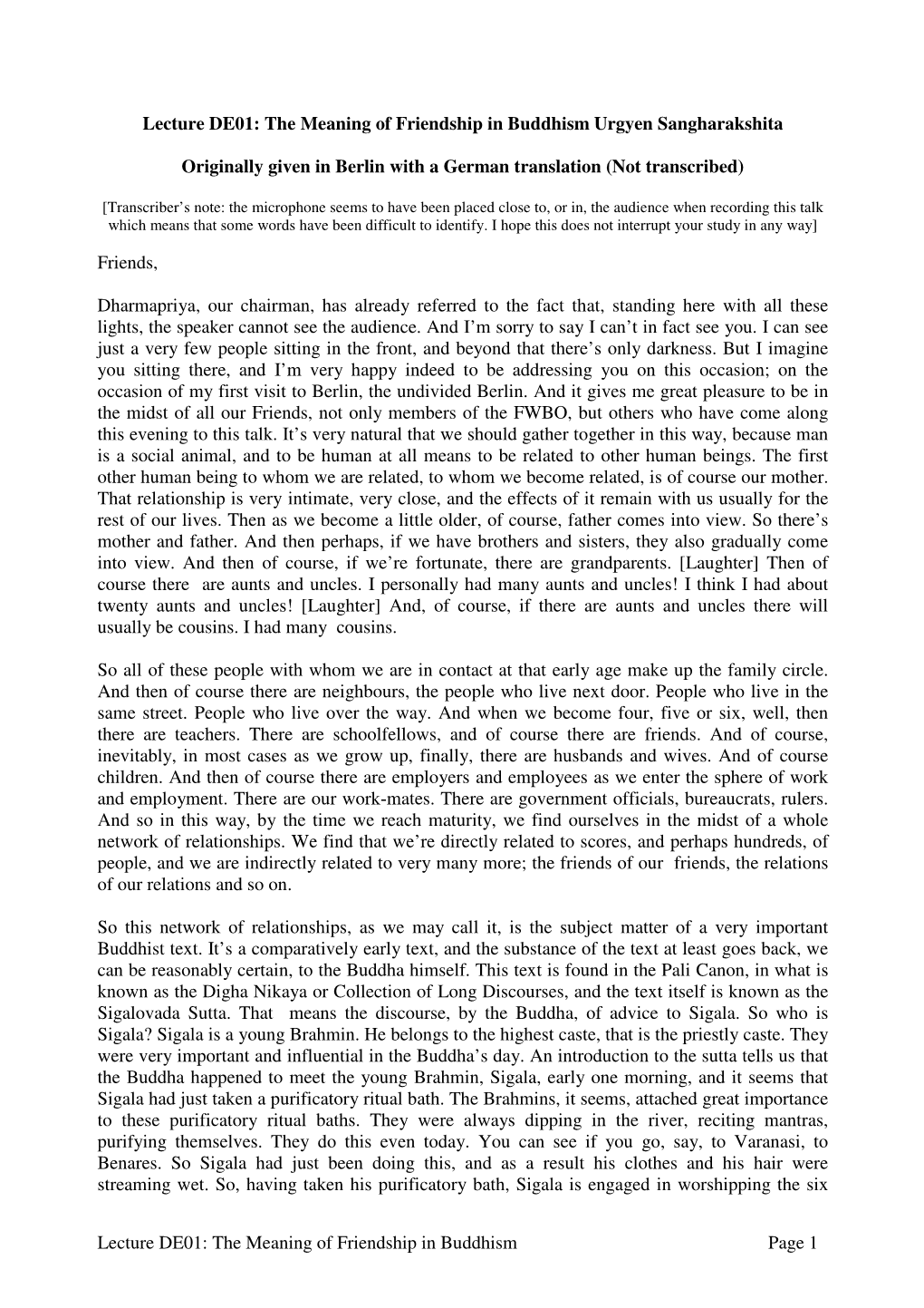 The Meaning of Friendship in Buddhism Page 1 Lecture DE01